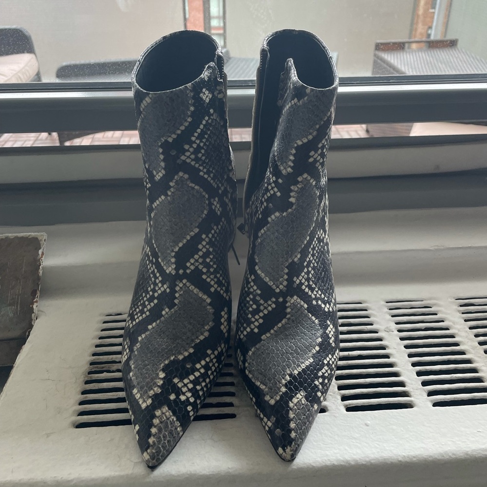 Marc Fisher Black and Gray Snake-Print Pointed Ankle Boots